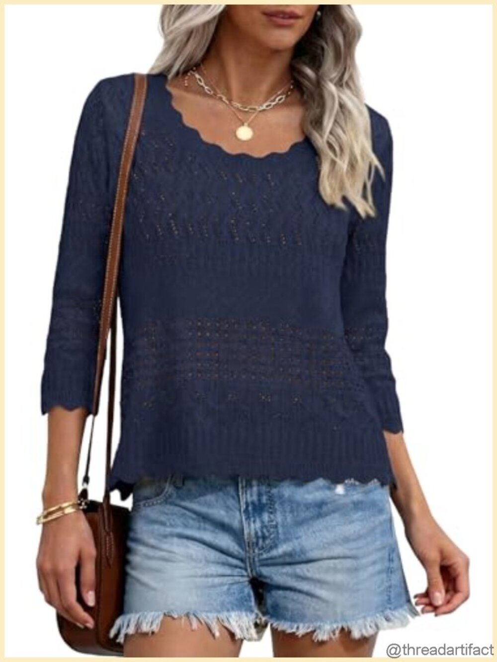 Crochet Hollow Out Knit Pullover Sweater 3/4 Sleeve Crew Neck Scalloped Trim